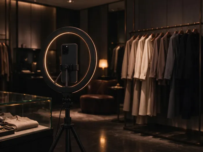 Smartphone con ring light pronto per una diretta in una boutique elegante